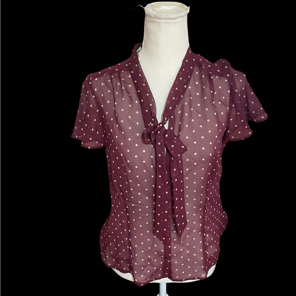 Old Navy Perfect Fit Silk polka dot button down blouse maroon tan sheer MEDIUM - Picture 16 of 16